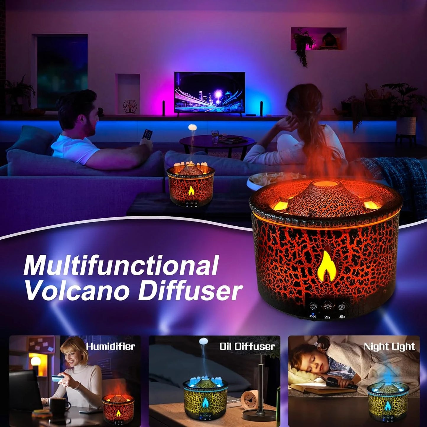 Volcano Diffuser, Essential Oil Diffuser, 300Ml, Flame & Volcano Mist Mode, Black