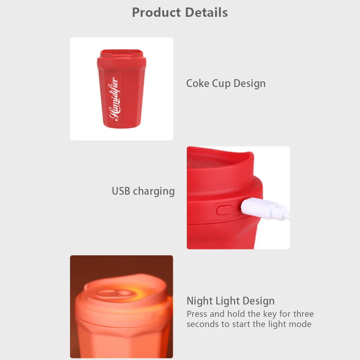 Portable Coke Cup Mini Humidifier, 260Ml Small Mist Humidifier, USB Personal Desktop Humidifiers for Bedroom Travel Office Home, 2 Quiet Mist Modes, Red